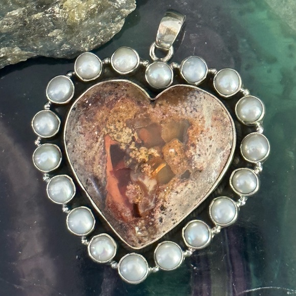 Mexican fire opal pearl mega statement heart sterling silver pendant - Picture 9 of 10